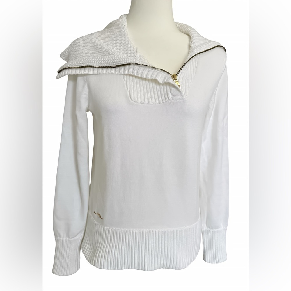 Ralph Lauren White Zip-Front Cowl Neck Sweater